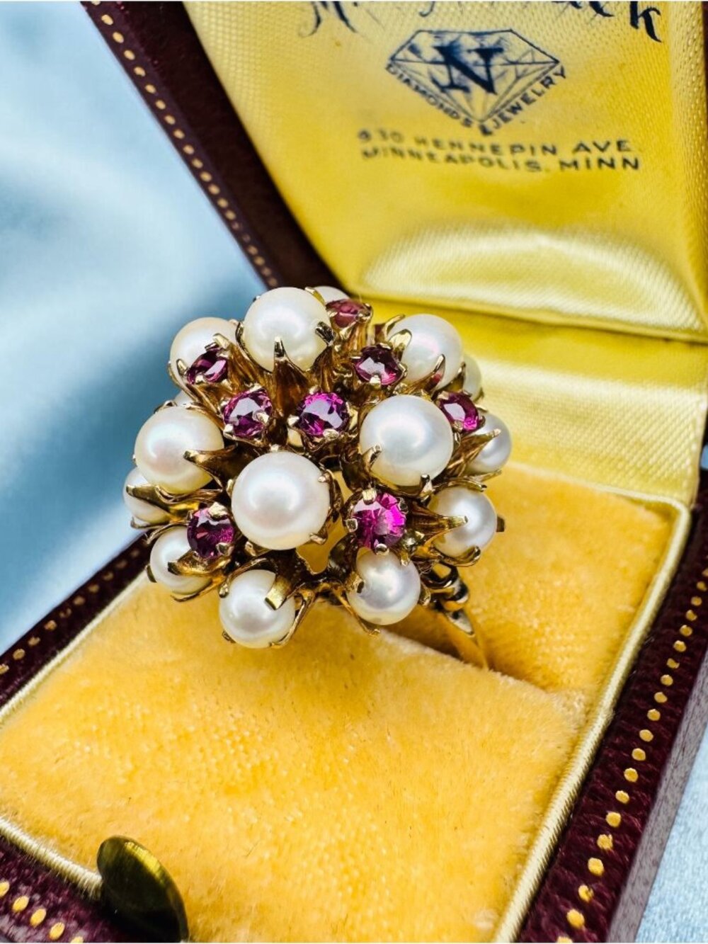ANTIQUE- 14K Gold Ruby & Pearl Princess Ring Tiered Harem Ring Cluster Ring -7g